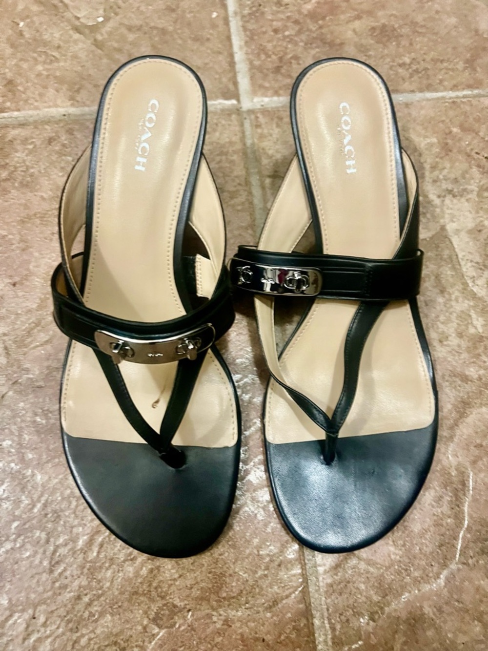 Coach Black Leather Thong Sandals with Silver Logo Accent
